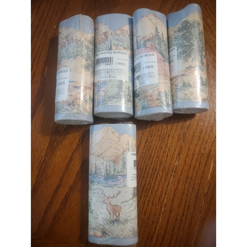 5 Rolls Vintage DW Wallcoverings Border Pattern 005 Deer Cabin Mountains NOS